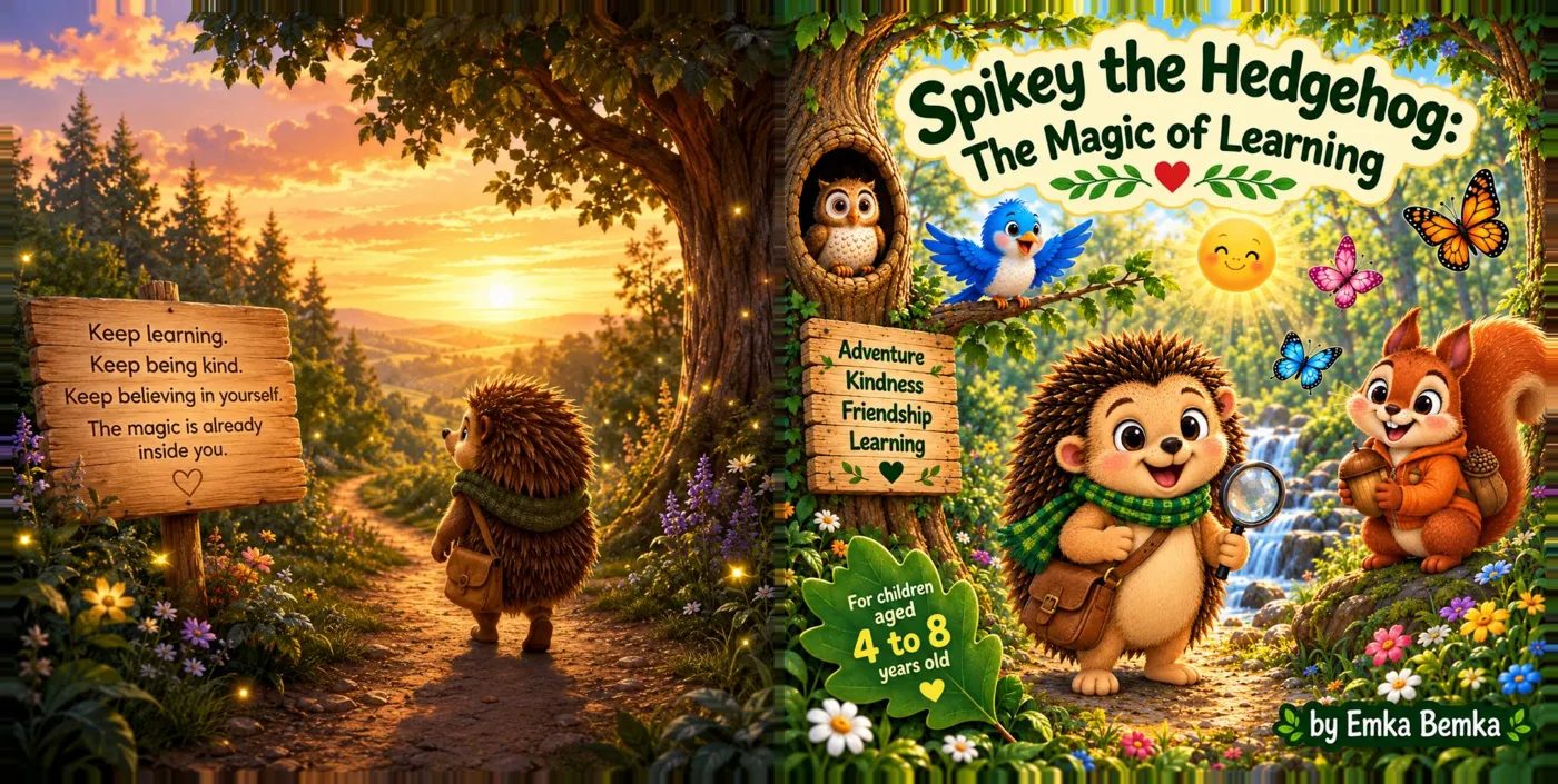 The front and back covers of Spikey the Hedgehog: The Magic of Learning. The front shows a hedgehog in a green scarf holding a magnifying glass beside a squirrel, an owl and a bluebird, with signs reading Adventure, Kindness, Friendship, Learning and a leaf reading For children aged 4 to 8 years old. The back shows the hedgehog walking down a woodland path towards a sunset past a sign reading Keep learning. Keep being kind. Keep believing in yourself. The magic is already inside you.