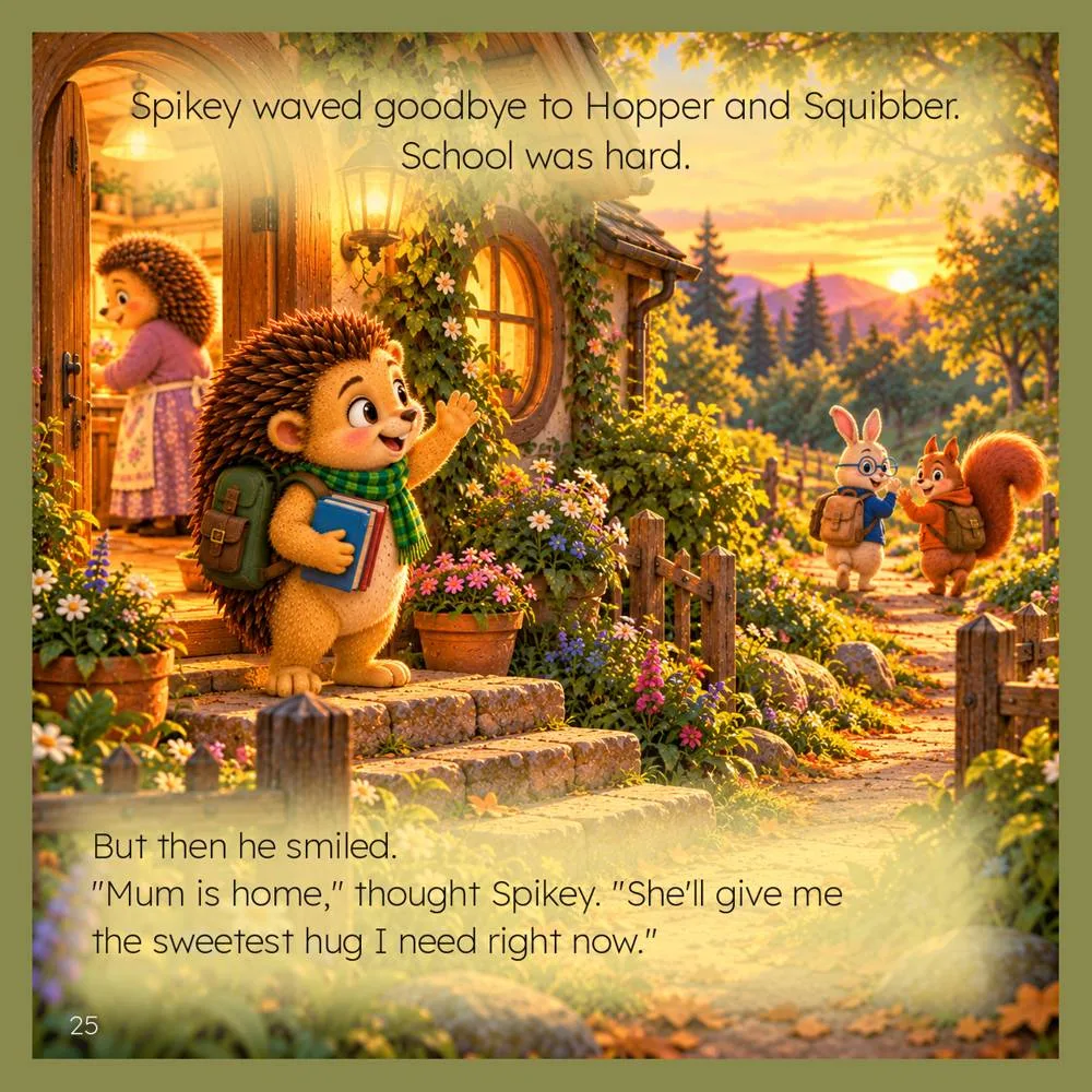 Page 25 of the book: Spikey the hedgehog, carrying books and a satchel, waves goodbye to a rabbit and a squirrel outside a cottage at sunset, with his mother in the doorway. The text reads: Spikey waved goodbye to Hopper and Squibber. School was hard. But then he smiled. Mum is home, thought Spikey. She'll give me the sweetest hug I need right now.