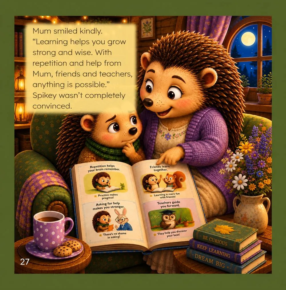 Page 27 of the book: Spikey and his mother sit in an armchair by a moonlit window reading a book whose pages say Repetition helps your brain remember, Friends learn together, Asking for help makes you stronger and Teachers guide you forward. The text reads: Mum smiled kindly. Learning helps you grow strong and wise. With repetition and help from Mum, friends and teachers, anything is possible. Spikey wasn't completely convinced.