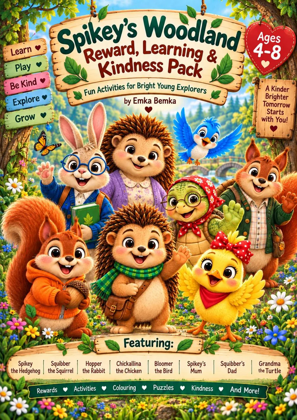 Cover of Spikey's Woodland Reward, Learning and Kindness Pack by Emka Bemka, for ages 4 to 8, showing Spikey the hedgehog with a squirrel, a rabbit in glasses, a turtle in a headscarf, a chick with a red bow, a bluebird, an adult hedgehog and an adult squirrel in a flower meadow.