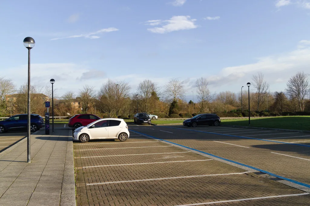 Marked parking bays near the Xscape building in Central Milton Keynes, photographed in December 2024.